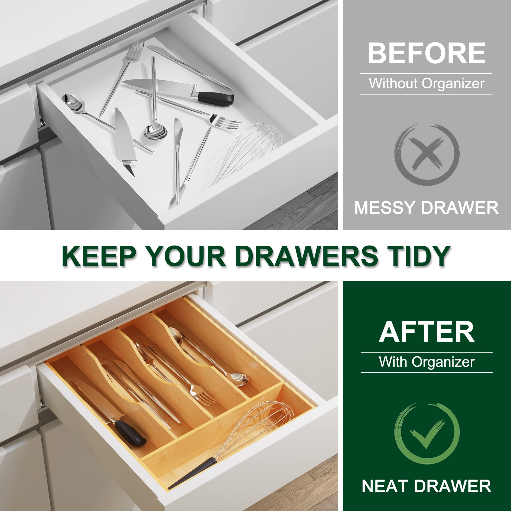 Bellsal Utensil Organizer 10 Inch Silverware Tray For Drawer Utensil Holder Cutlery Organizer Kitchen Drawer Organizer 5 Compart
